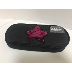 Astuccio Portapenne Ovale Con Cerniera Nero Con Stella Paillettes Fucsia 2 2