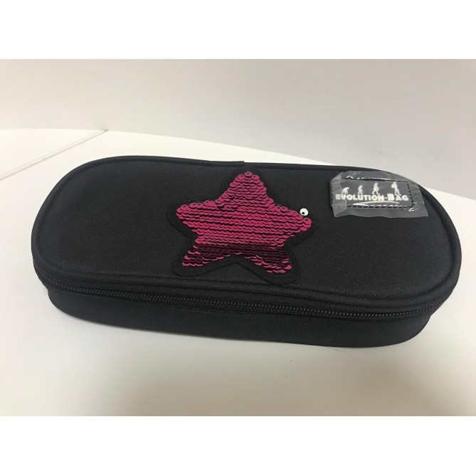 Astuccio Portapenne Ovale Con Cerniera Nero Con Stella Paillettes Fucsia 1