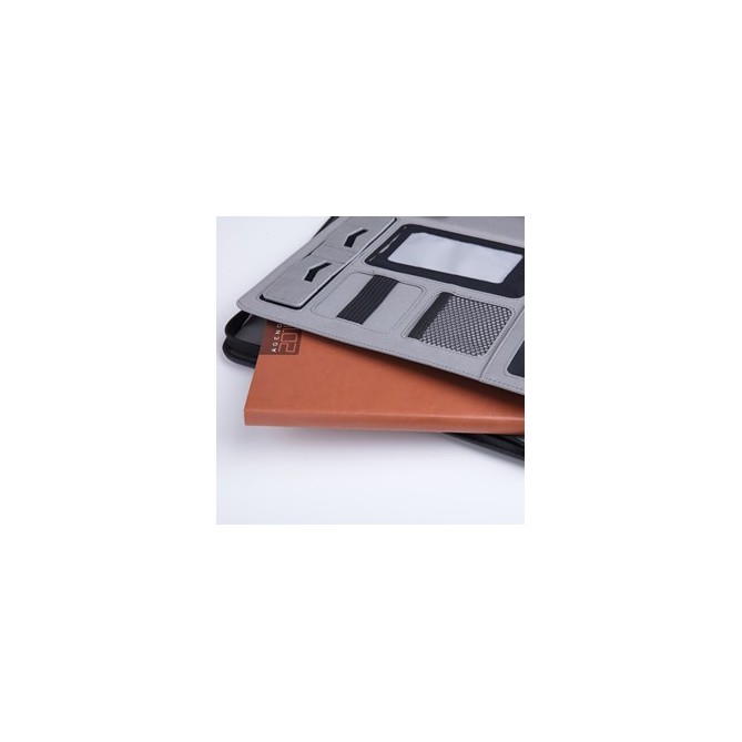 Portablocco A 4 Anelli Cartella Con Manici A Scomparsa Supporto Per Tablet In Ecopelle Con Cerniera 27x35 Nero 2
