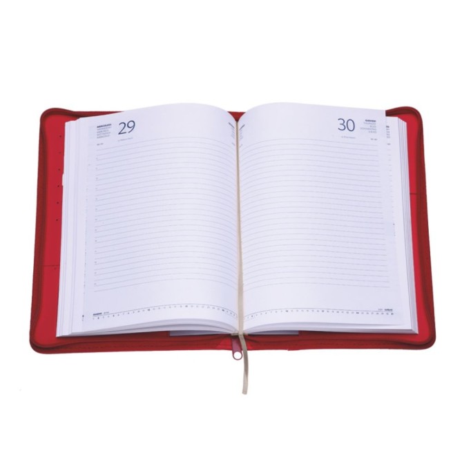 Agenda giornaliera 2026 jeans chiusura zip 17x24cm porta penna multilingua rosso 1