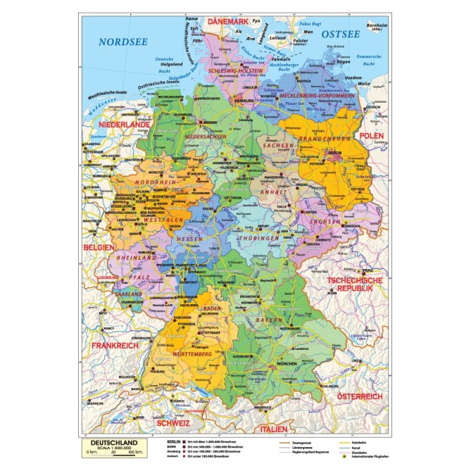 Carta Geografica Murale Germania In Lingua Tedesca 100x140 Bifacciale Fisica E Politica 1 800.000 3