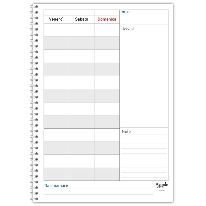 Agenda settimanale senza data spiralata plastificata Prenotazioni Hotel B&B 21x30cm A4 4