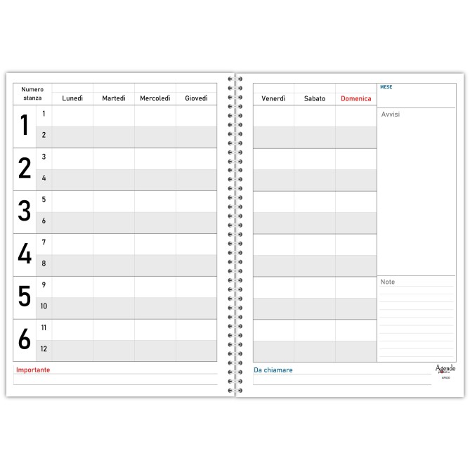 Agenda settimanale senza data spiralata plastificata Prenotazioni Hotel B&B 21x30cm A4 5