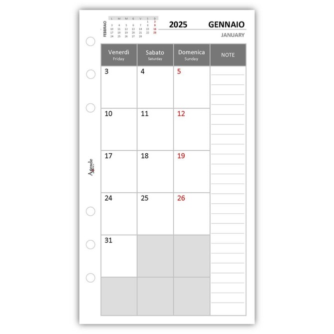 Ricambio Agenda Mensile 2026, Formato A5 9,5x17cm, Bianco, 2 Pagine per Mese, 6 Fori, Gennaio 4