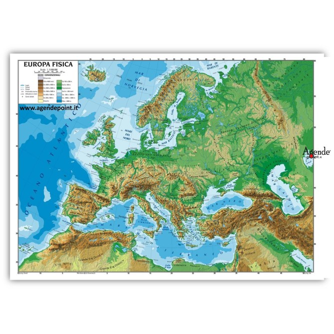Agendepoint.it - Cartina Europa Fisica e Politica A3 30x42 cm Plastificata Doppia Faccia Uso Scolastico Scala 1:74.000.000 2