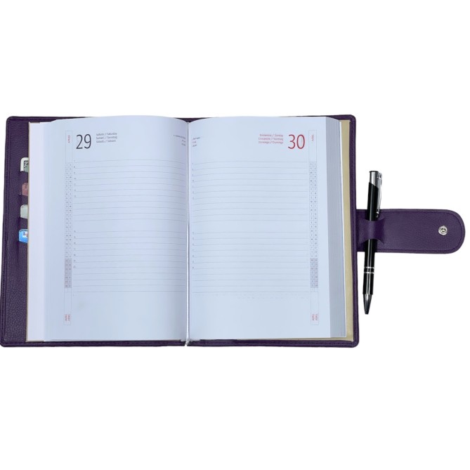 Agenda giornaliera 2026 similpelle chiusura fibbia 15x21cm A5 sab dom separati tasca porta penna multilingua viola 5