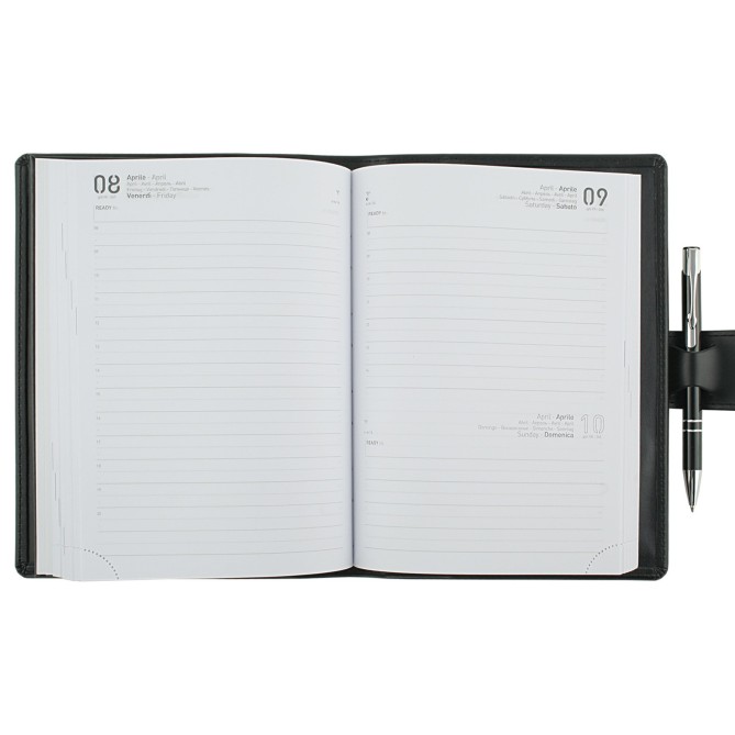 Agenda giornaliera 2026 similpelle chiusura fibbia 15x21cm A5 sab dom separati tasca porta penna multilingua nera 3