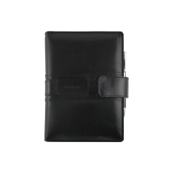 Agenda giornaliera 2026 vera pelle chiusura fibbia 15x21cm A5 sab dom separati tasca porta penna multilingua nera 1 2