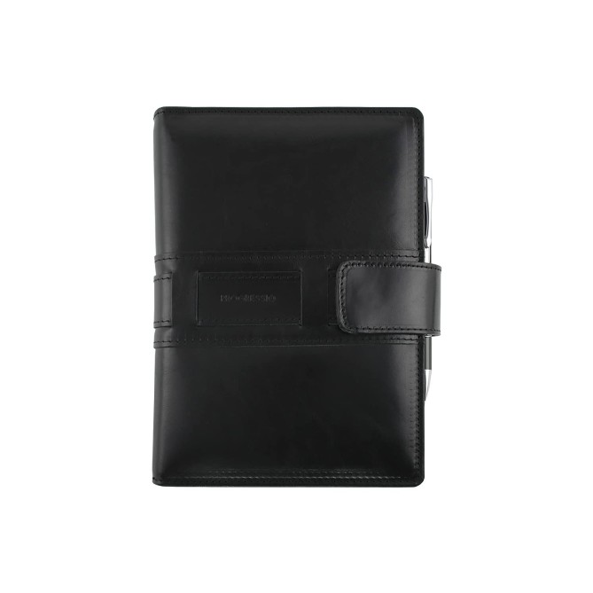 Agenda giornaliera 2026 vera pelle chiusura fibbia 15x21cm A5 sab dom separati tasca porta penna multilingua nera 2