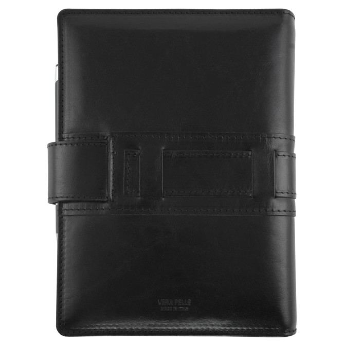 Agenda giornaliera 2026 vera pelle chiusura fibbia 15x21cm A5 sab dom separati tasca porta penna multilingua nera 5