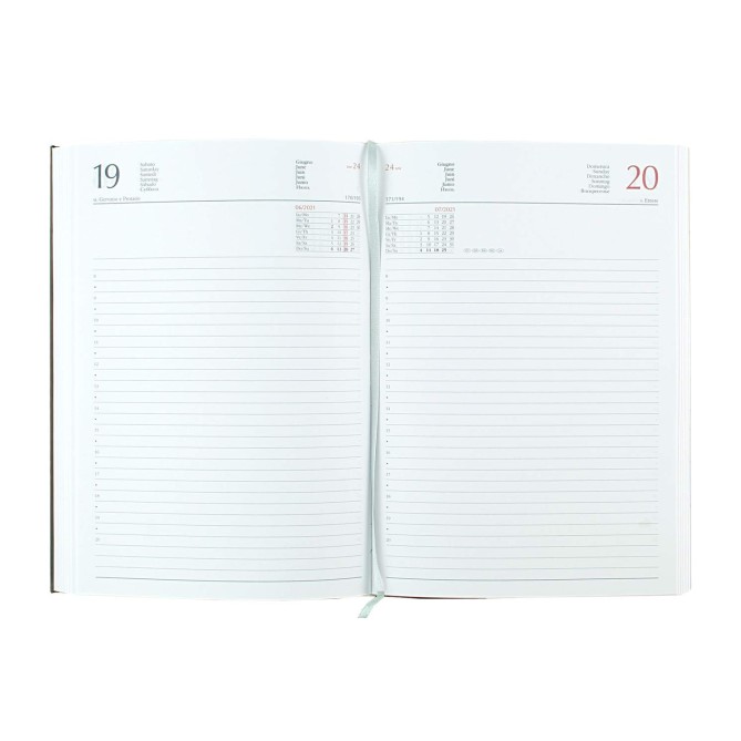 Agenda giornaliera 2026 vera pelle chiusura fibbia 15x21cm A5 sab dom separati tasca porta penna multilingua nera 9