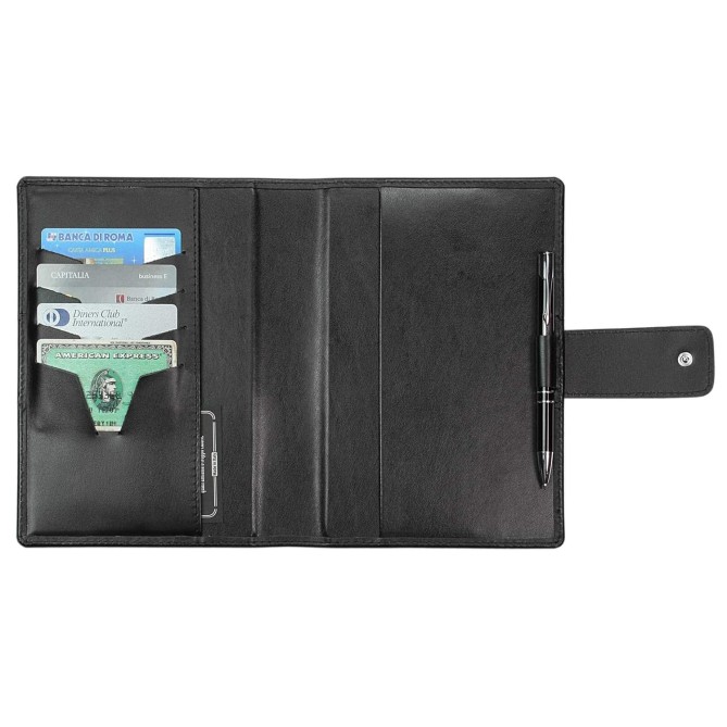 Agenda giornaliera 2026 vera pelle chiusura fibbia 15x21cm A5 tasca porta penna multilingua nero 8