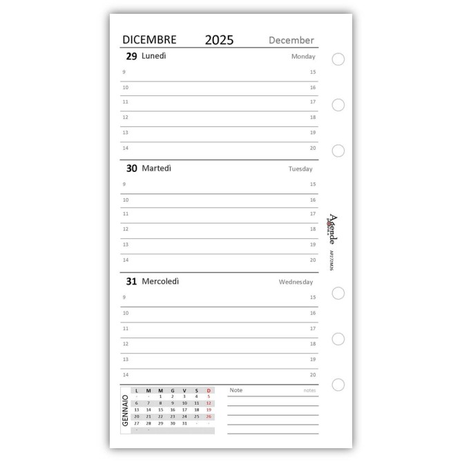 Ricambio Agenda Organizer Settimanale , Bilingue, 9,5x17cm, 90gr, Bianco, 2 Pagine per Settimana 17