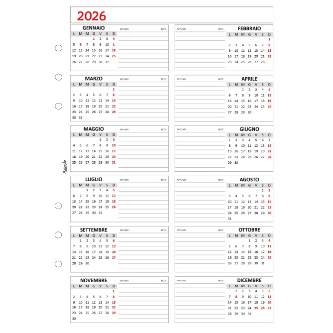 Ricambio agenda organizer giornaliera 2026 15x21cm A5 6fori 6