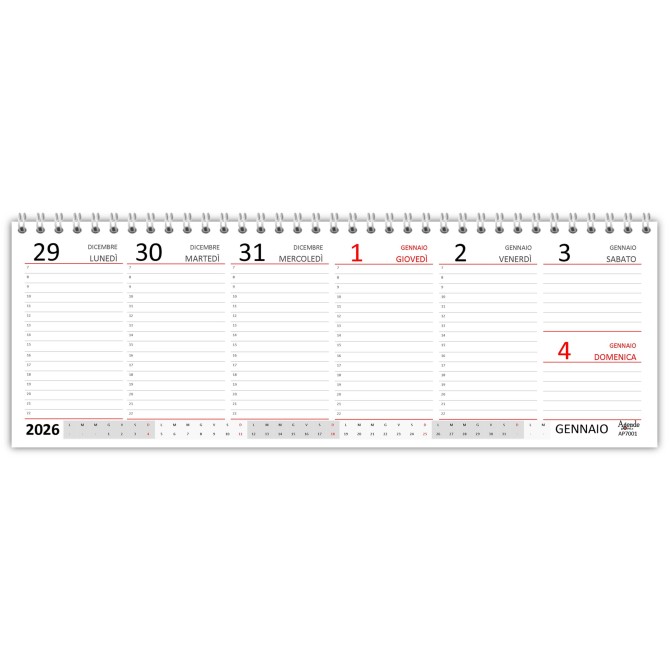 Planning settimanale 2026 spiralato 10x30cm festivi evidenziati 7