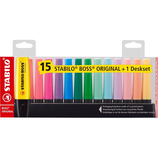 Evidenziatore BOSS ORIGINAL + 1 Desk-Set - 15 Colori Assortiti - 9 NEON + 6 Pastel 1