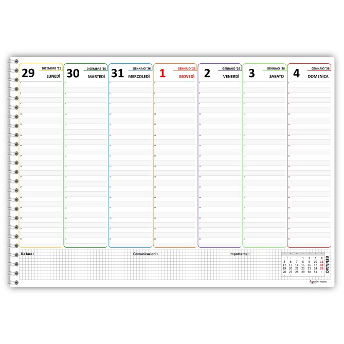 Planning settimanale A3 COLORS spiralato 30x42cm  DATATO orario 55fogli 5