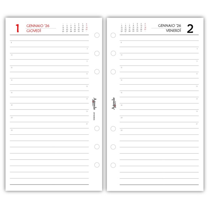 Ricambio Agenda 2026 Organizer Giornaliera a Righe, 9,5x17 cm, 6 Fori, Carta Bianca 80gr, Bianco e Rosso 2