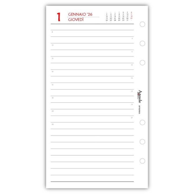 Ricambio Agenda 2026 Organizer Giornaliera a Righe, 9,5x17 cm, 6 Fori, Carta Bianca 80gr, Bianco e Rosso 3