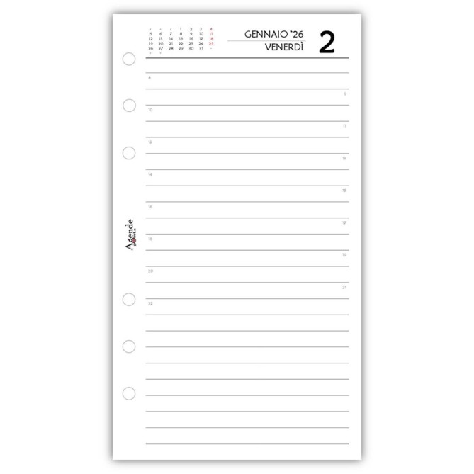 Ricambio Agenda 2026 Organizer Giornaliera a Righe, 9,5x17 cm, 6 Fori, Carta Bianca 80gr, Bianco e Rosso 4
