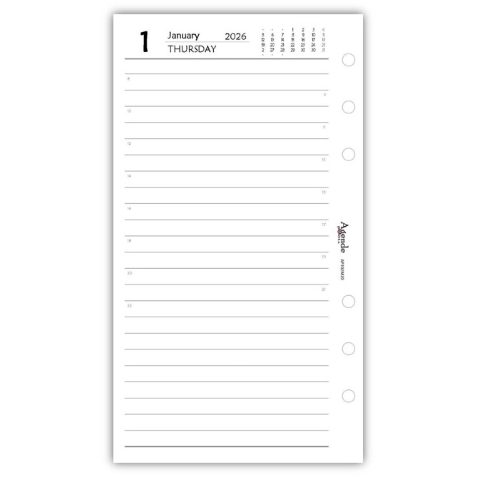 Ricambio agenda organizer giornaliera INGLESE 2026 9,5x17cm  6fori bianco 3