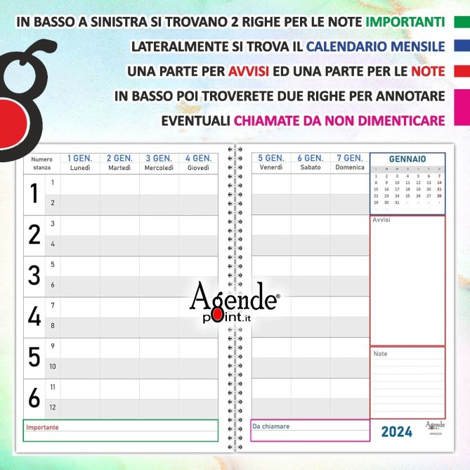 Agenda settimanale 2026 spiralata plastificata Prenotazioni Hotel B&B 21x30cm A4 6