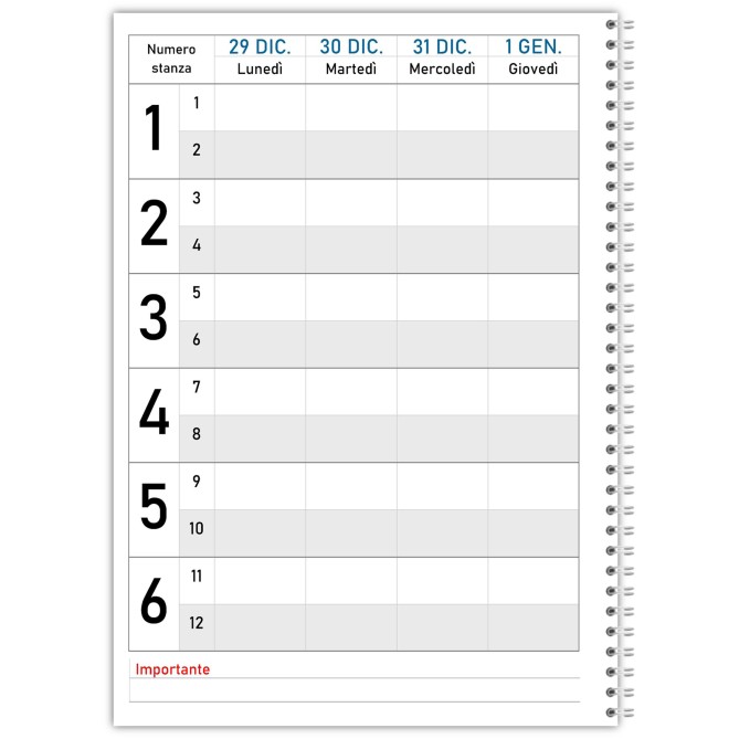 Agenda settimanale 2026 spiralata plastificata Prenotazioni Hotel B&B 21x30cm A4 10