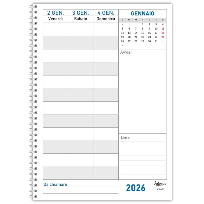 Agenda settimanale 2026 spiralata plastificata Prenotazioni Hotel B&B 21x30cm A4 11