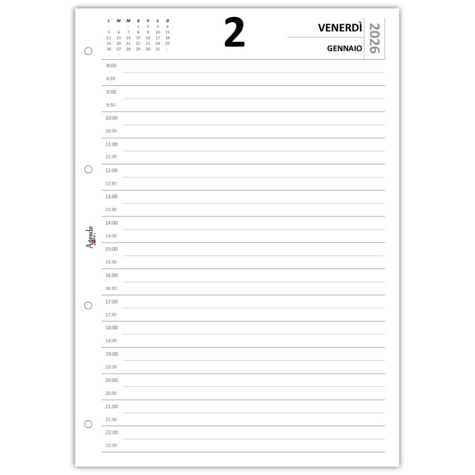 Agende Ricambio Organizer Giornaliero 2026, Formato A4 21x30 cm, 1 Pagina per Giorno, 4 Fori 5