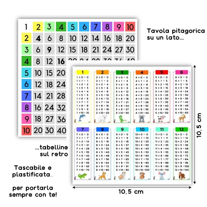 Tabelline per bambini plastificate  21x30cm con tavola pitagorica tascabile e gancio incluso 2