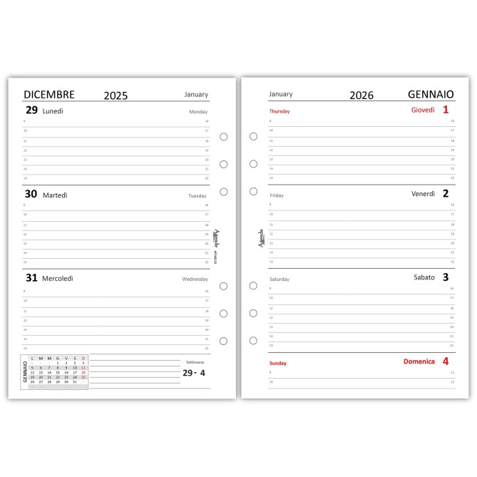 Ricambio Agenda Settimanale Bilingue Italiano/Inglese 2026, Formato A5 15x21 cm, 6 Fori, Carta 90g FSC 1