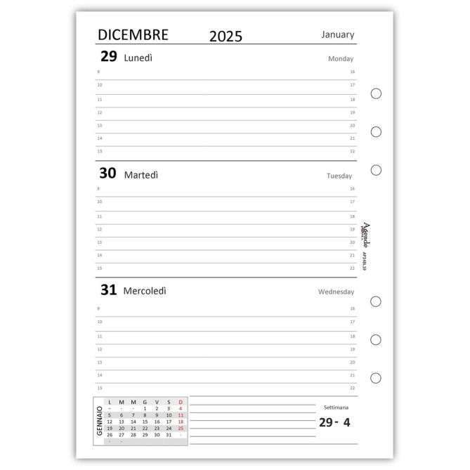 Ricambio Agenda Settimanale Bilingue Italiano/Inglese 2026, Formato A5 15x21 cm, 6 Fori, Carta 90g FSC 2