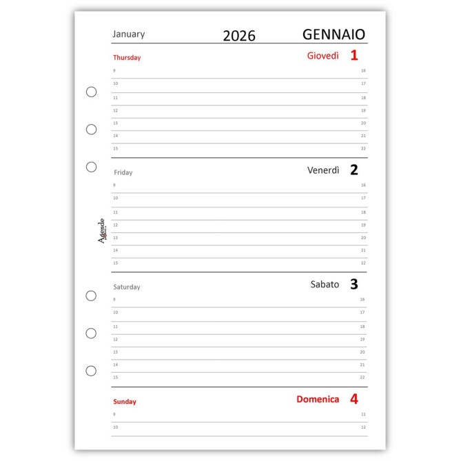 Ricambio Agenda Settimanale Bilingue Italiano/Inglese 2026, Formato A5 15x21 cm, 6 Fori, Carta 90g FSC 3