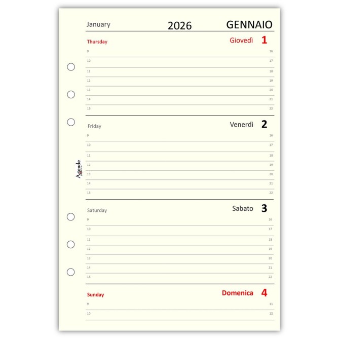 Ricambio agenda organizer settimanale BI-LINGUA 2026 15x21cm A5 6fori multilingua avorio 3
