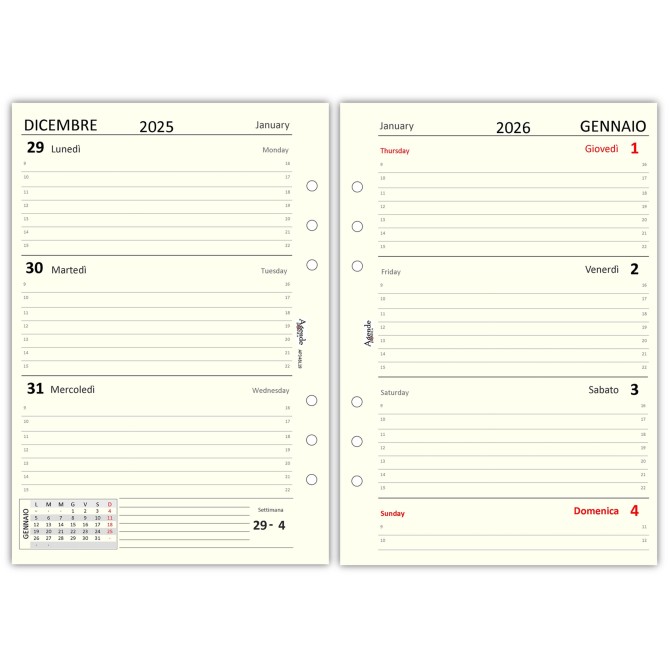 Ricambio agenda organizer settimanale a righe BI-LINGUA 15x21cm A5 6fori multilingua avorio 1