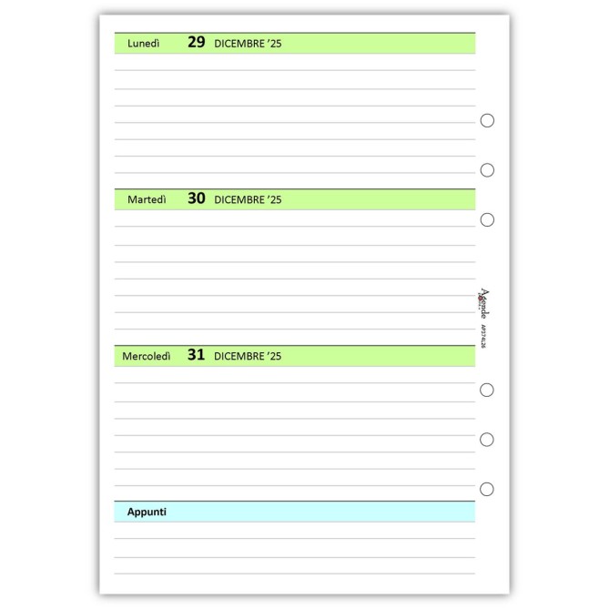Ricambio agenda organizer settimanale GREEN 2026 15x21cm A5 90gr 6fori 3