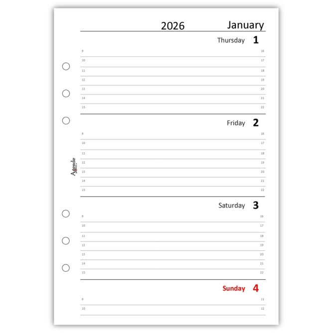 Ricambio agenda organizer settimanale INGLESE  2026 15x21cm A5 90gr 6fori multilingua bianco 2