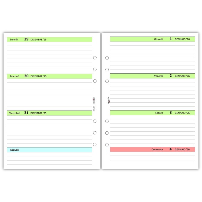 Ricambio agenda organizer settimanale GREEN 15x21cm A5 90gr 6fori 11