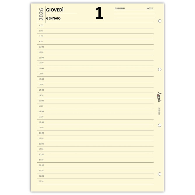Ricambio Agenda giornaliera A4 con 4 Fori, Orario 8:00-22:30, 2026, Carta Avorio 80g 2