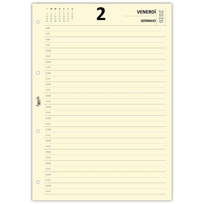 Ricambio Agenda giornaliera A4 con 4 Fori, Orario 8:00-22:30, 2026, Carta Avorio 80g 3