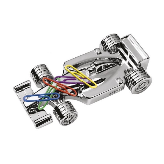 Portafermagli da Scrivania Formula 1 in Metallo Cromato, Design Sportivo, 65x32x15 mm, con Elegante Confezione Regalo Blu 1