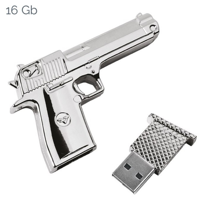 Chiavetta USB 16GB Design Pistola in Metallo Cromato con Custodia Regalo, 75 x 48 x 10 mm 2