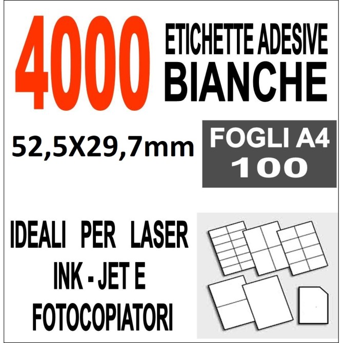 Etichette Adesive 52,5x29,7 Scatola 100 Fogli A4 4000 Etichette Stampa Laser E Inkjet 1