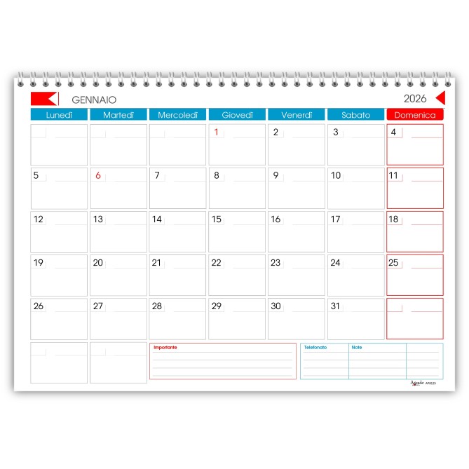 Planning mensile 2026-2027 spiralato 21x30cm A4 (bi-annuale) ROSSOBLU 2