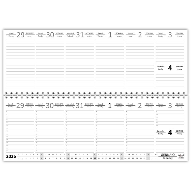 Planning settimanale 2026 GREY spiralato 10x30cm su due pagine orario festivi evidenziati natura grigio 4