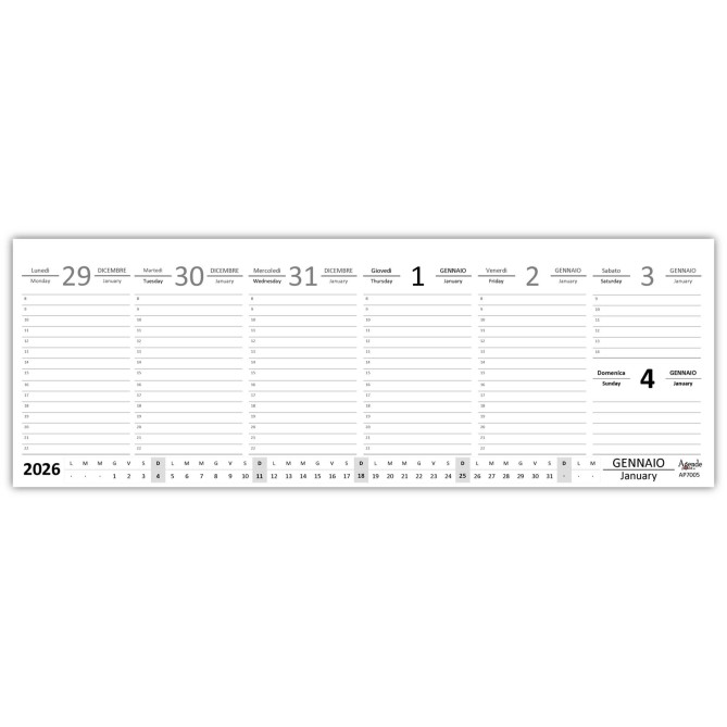 Planning settimanale 2026 GREY spiralato 10x30cm su due pagine orario festivi evidenziati natura grigio 6