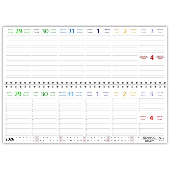 Planning settimanale 2026 COLORS spiralato 10x30cm su due pagine ,orario 8-22,  giorni in 7 vari colori 1