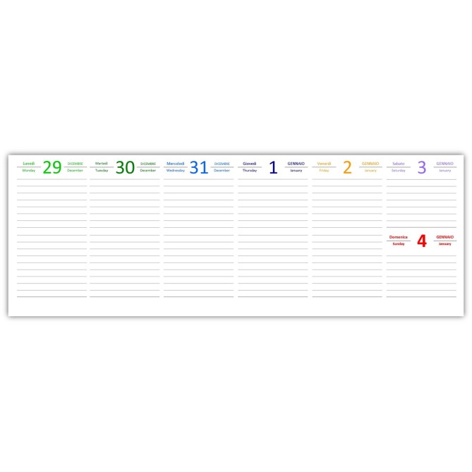 Planning settimanale 2026 COLORS spiralato 10x30cm su due pagine ,orario 8-22,  giorni in 7 vari colori 2