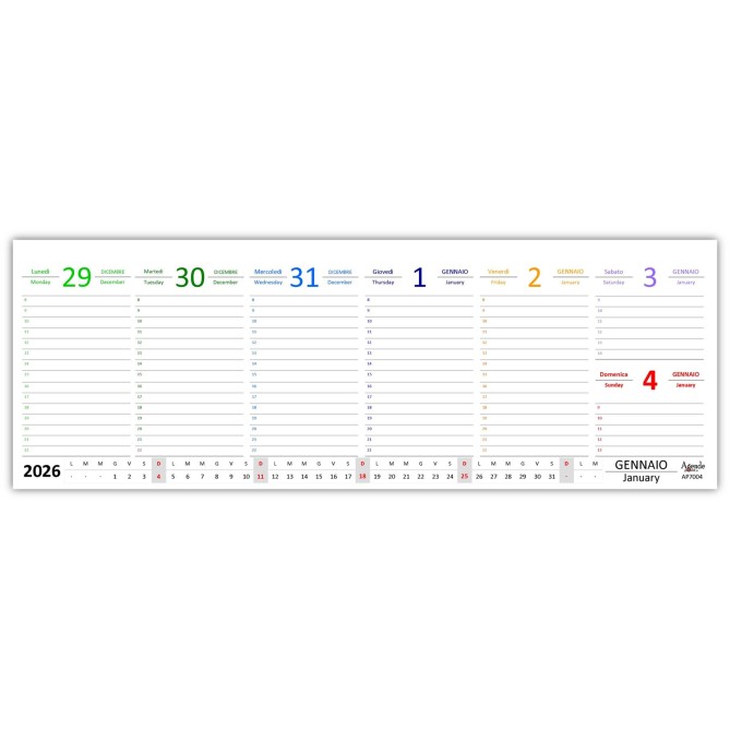 Planning settimanale 2026 COLORS spiralato 10x30cm su due pagine ,orario 8-22,  giorni in 7 vari colori 3