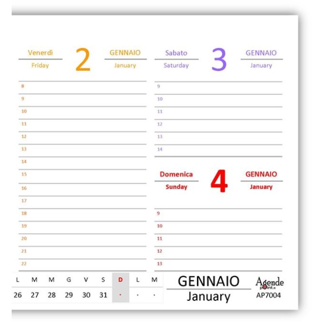 Planning settimanale 2026 COLORS spiralato 10x30cm su due pagine ,orario 8-22,  giorni in 7 vari colori 5